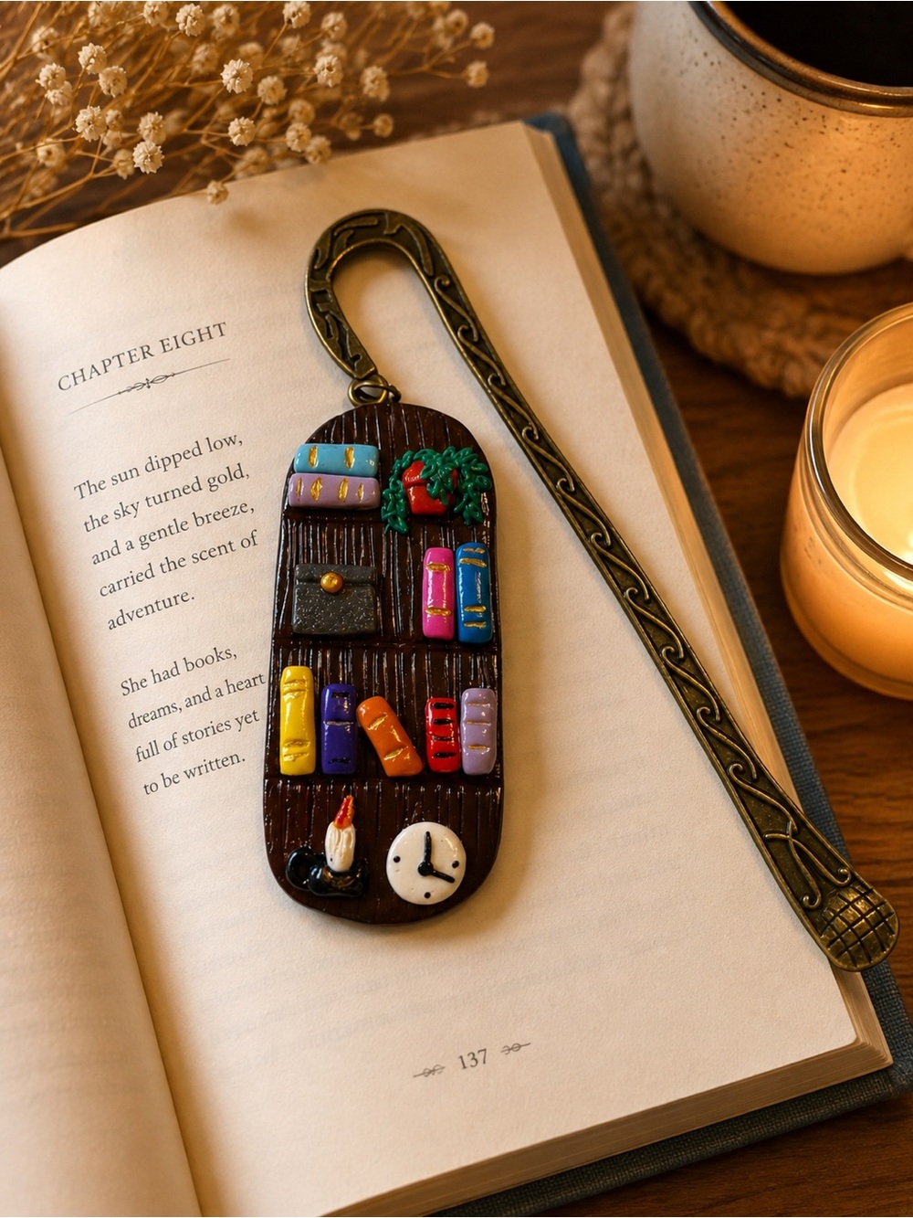 Handmade Book Lovers Bookmark - Colorful Books on Brown